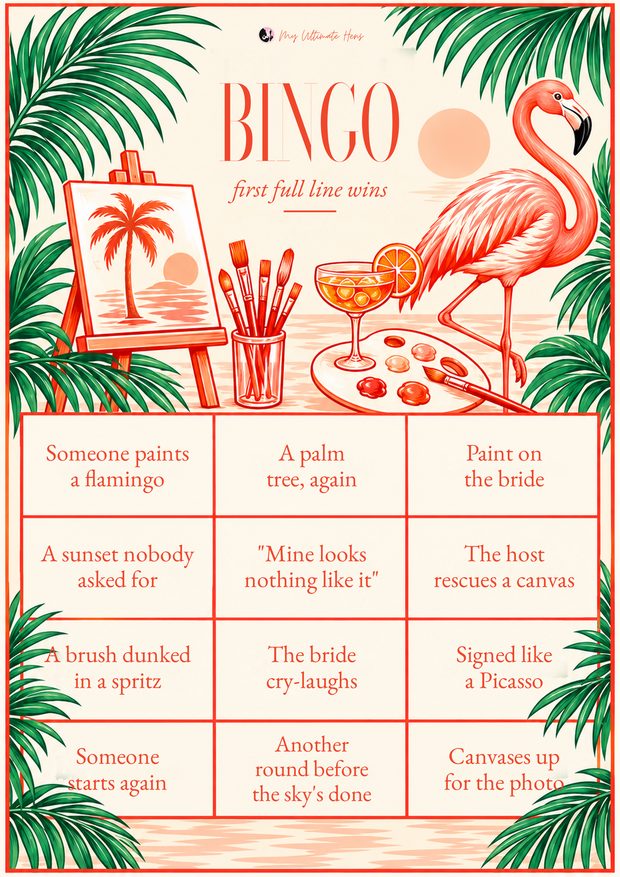 Tropical paint and sip bingo card with a flamingo and palms