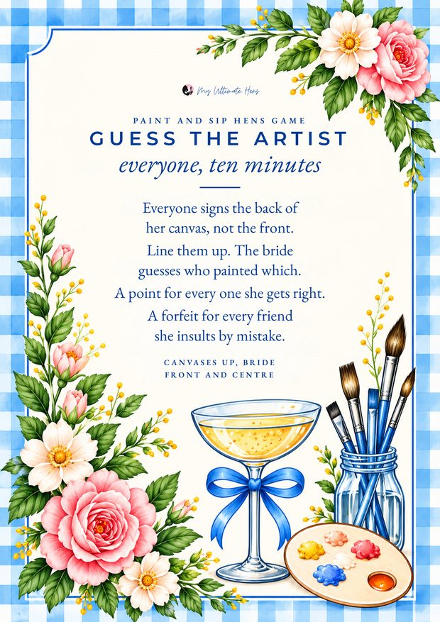 Guess the artist game card for a paint and sip hens party, blue gingham with pink roses