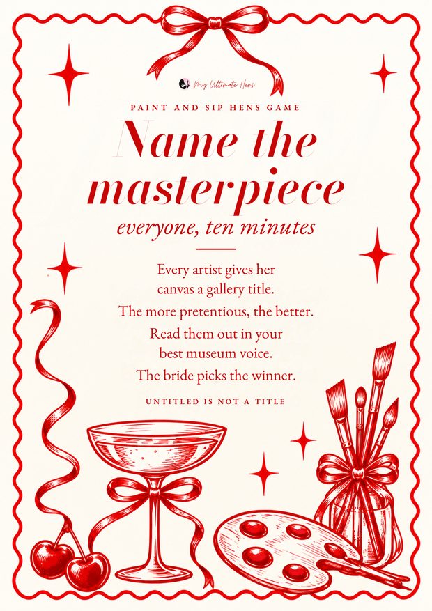 Name the masterpiece game card, red ribbons, a coupe and a paint palette