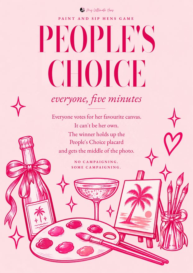 People's Choice game card in hot pink with a bottle of bubbles and an easel
