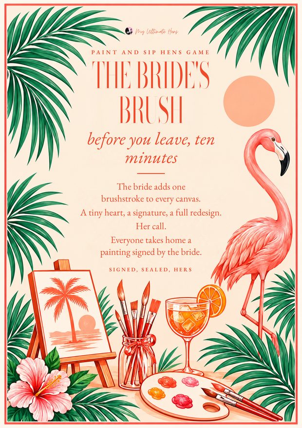 The bride's brush game card with a flamingo, palms and a spritz