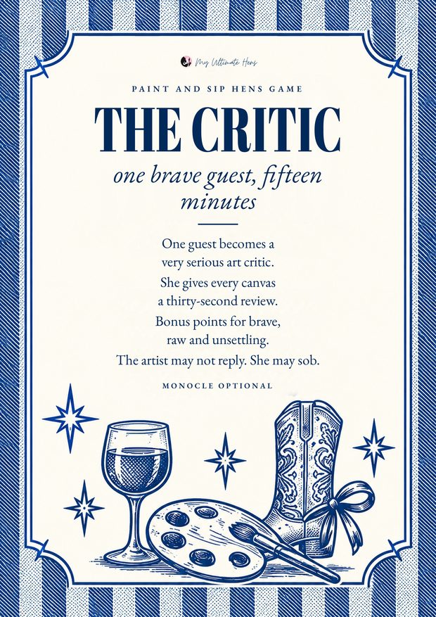 The critic game card, navy stripes with a cowboy boot and a glass of red