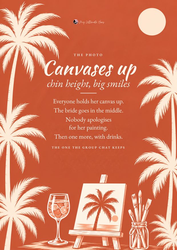 Canvases up photo sign, cream palms on terracotta