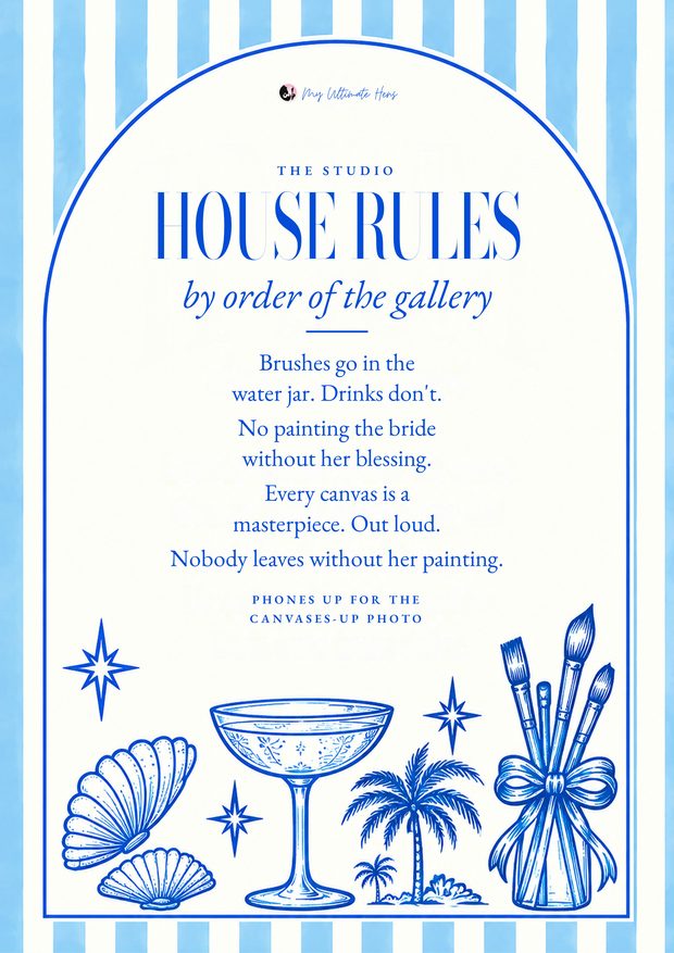 Studio house rules sign, blue riviera stripes with shells and palms
