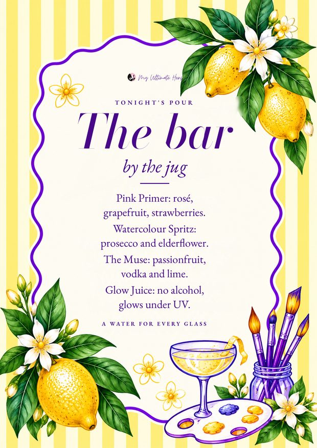 Bar sign listing four BYO jugs, yellow stripes with lemons