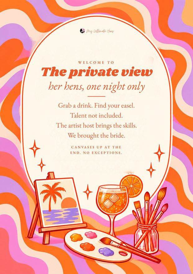 Welcome to the private view sign for the studio door, groovy orange and pink swirls
