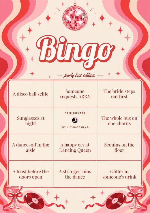 Retro pink disco bingo card, party bus edition, with a mirror ball, coupes and records
