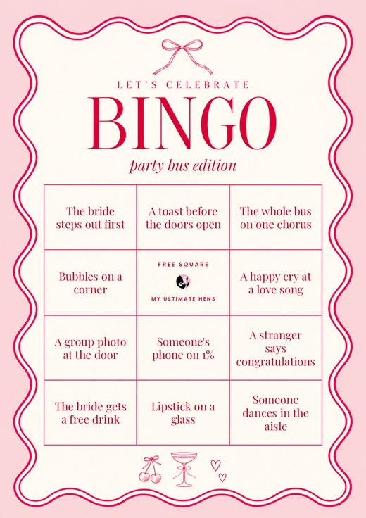 Let's celebrate bingo card, party bus edition, with a pink scalloped border, a bow and coupes