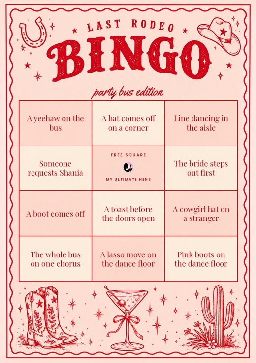 Last rodeo bingo card, party bus edition, in red line drawings of boots, a cactus and a cowgirl hat