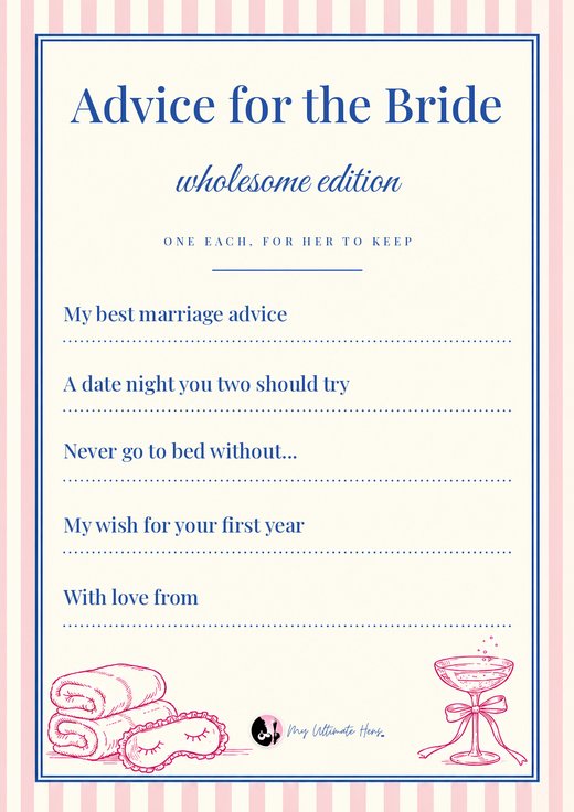Advice for the Bride keepsake card with five prompts and a dotted line for each, with towels, a sleep mask and a coupe glass drawn in pink