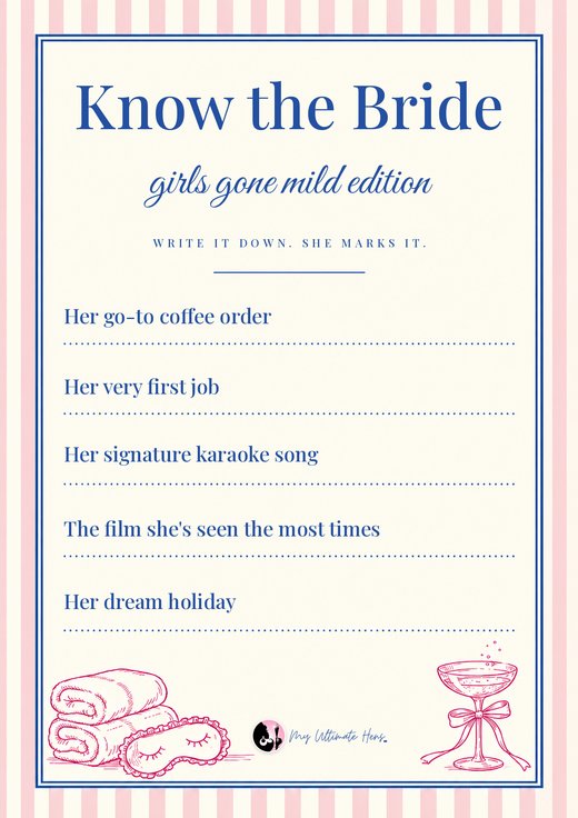 Know the Bride quiz card with five questions and a dotted line to write each answer, with towels, a sleep mask and a coupe glass drawn in pink