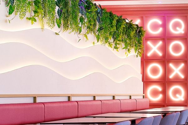 A private room with pink booths, hanging greenery and a glowing neon wall