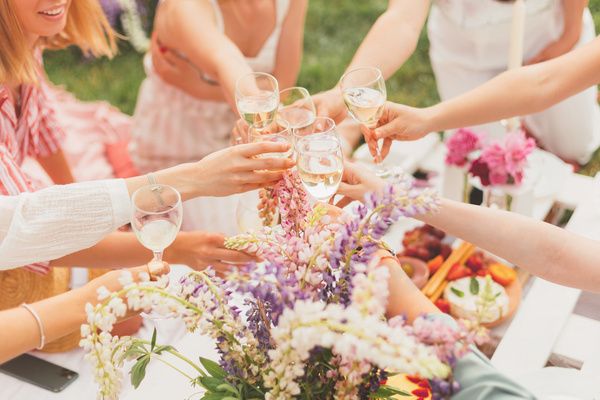 Lovely friends raise their glasses and make a toast during the winery tour