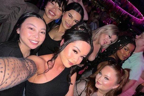 Crowded selfie of smiling friends dressed up for a night out