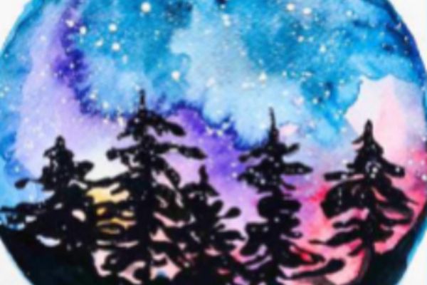 A watercolour painting of a starry blue and pink sky over dark pine trees