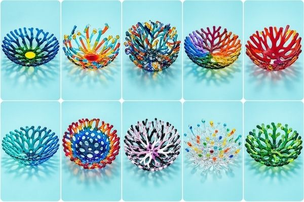 Glass coral bowls made by past hens groups in blues, rainbows, reds, greens and clear glass with coloured tips