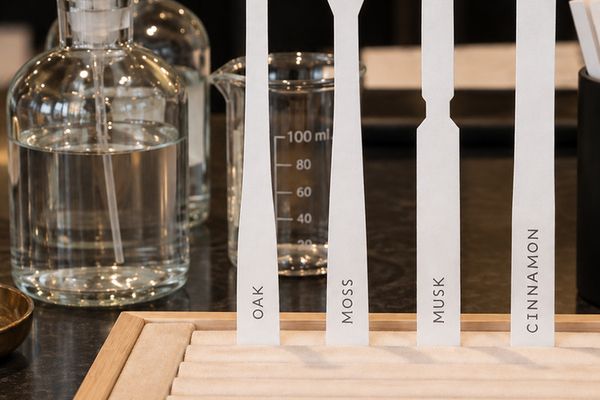 Glass perfume bottles beside scent strips labelled oak, moss, musk and cinnamon
