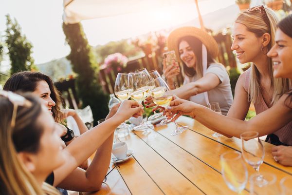 Friends clinking glasses of white wine at a long table outdoors among the vines