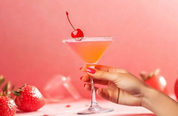 A hand with pink nails holding up a pink cocktail with a cherry beside strawberries
