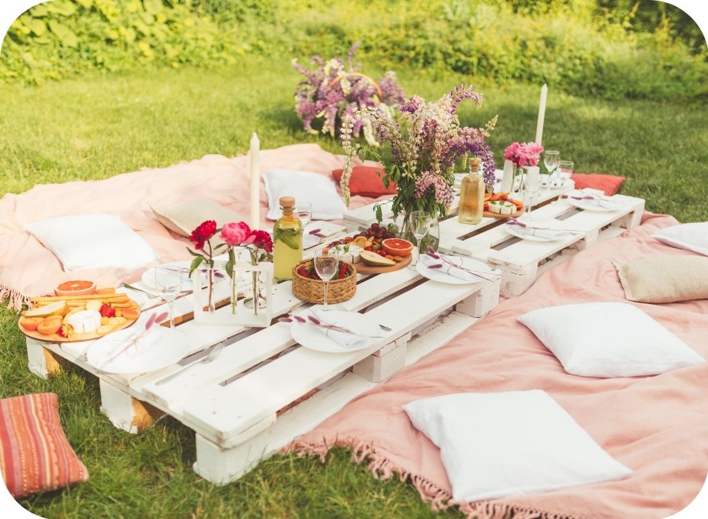 Boho style hens party picnic set up