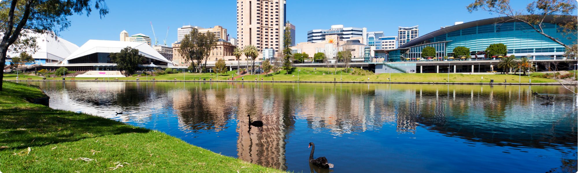 City skyline reflected in a river, with parkland in the foreground