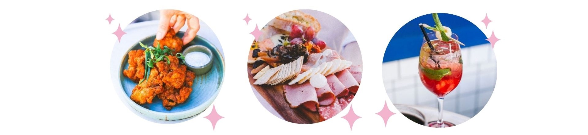 Share food for the group: crispy chicken with a dipping sauce, a charcuterie board and a berry cocktail
