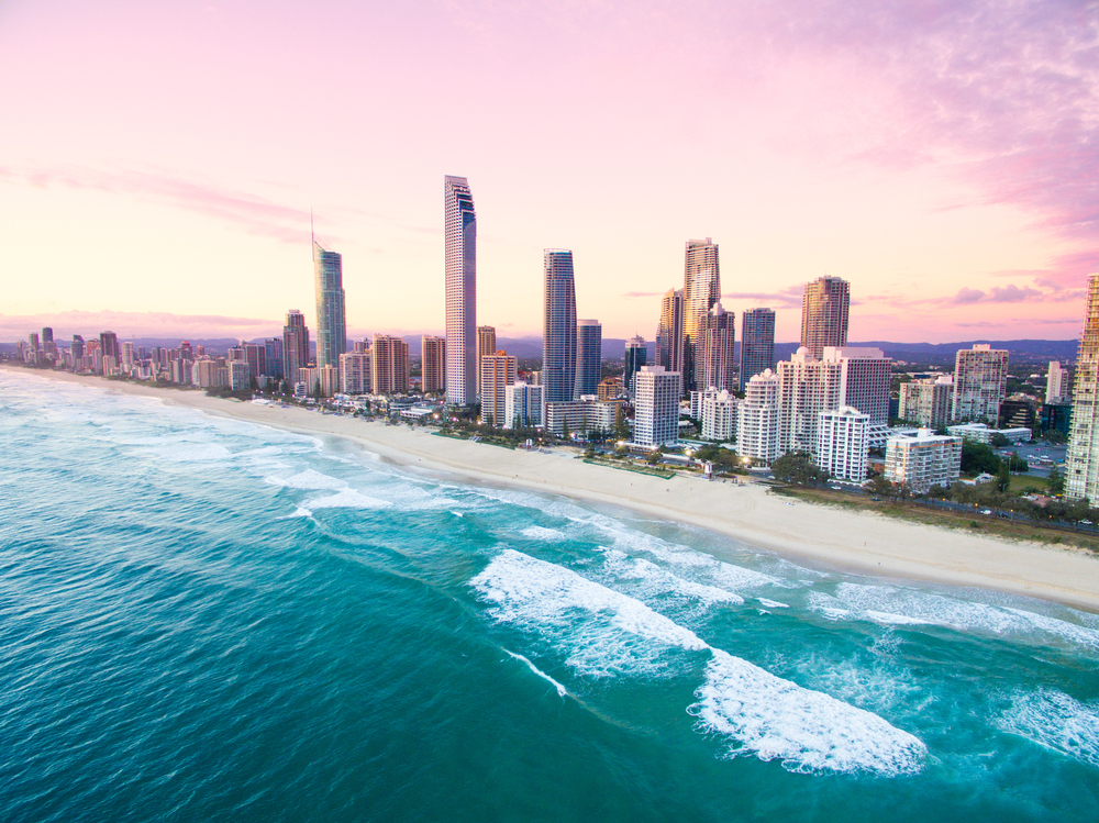The Gold Coast beachfront skyline and surf from above