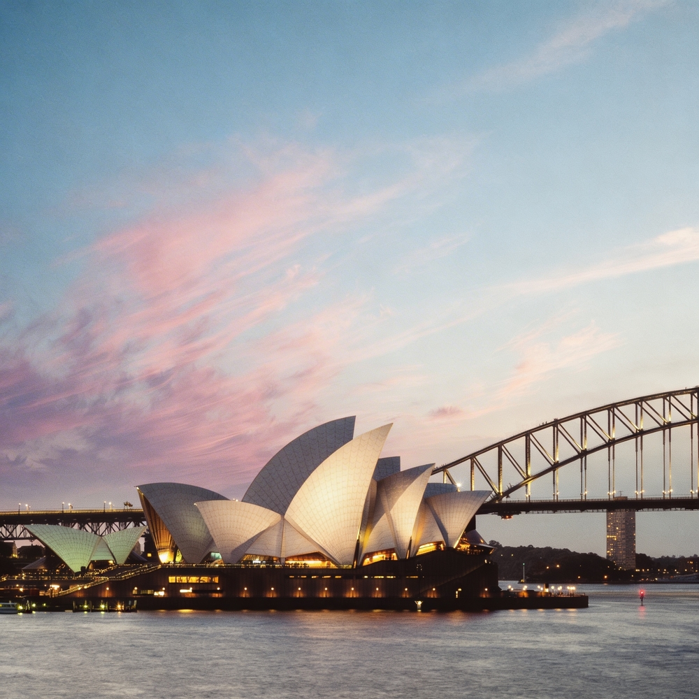 Sydney Opera House and Harbour Bridge at dusk