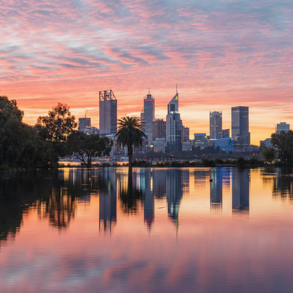 The Perth skyline reflected in the river at sunset