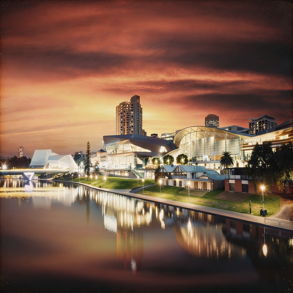 Adelaide riverfront buildings reflected in the water at dusk