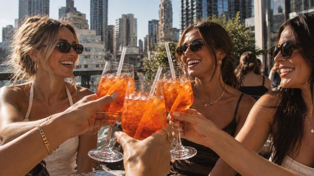 A group of women toasting orange spritzes with city buildings behind them
