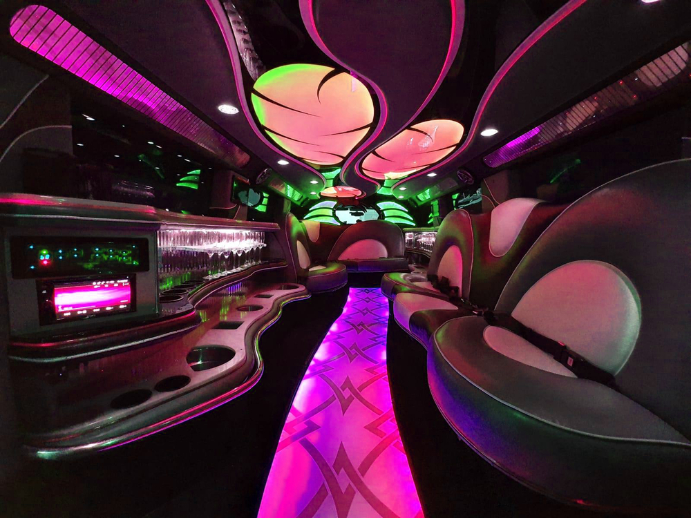 Inside a stretch limo glowing pink and purple, leather bench seats down both sides